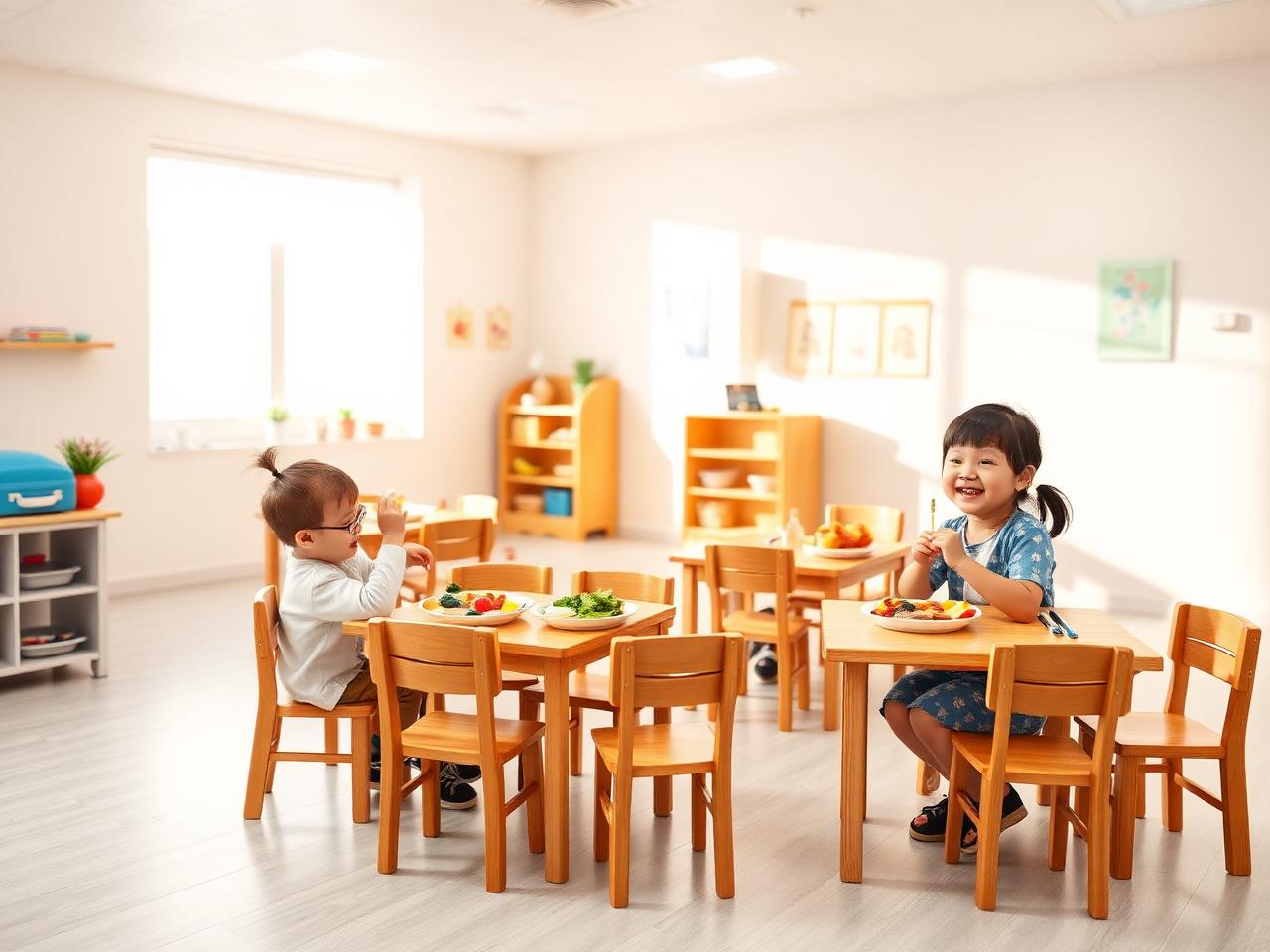Refeitório infantil com refeições balanceadas