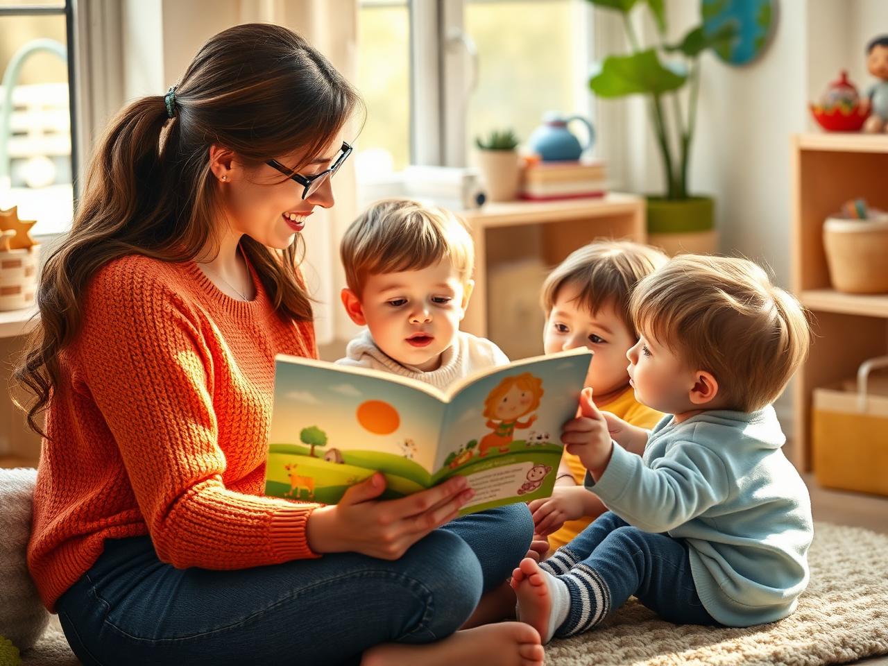 Professora lendo um livro para as crianças
